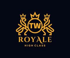 Golden Letter TW template logo Luxury gold letter with crown. Monogram alphabet . Beautiful royal initials letter. vector