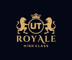 Golden Letter UT template logo Luxury gold letter with crown. Monogram alphabet . Beautiful royal initials letter. vector