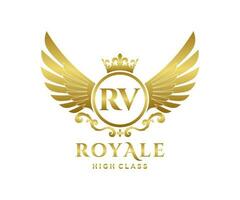 Golden Letter RV template logo Luxury gold letter with crown. Monogram alphabet . Beautiful royal initials letter. vector