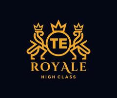 Golden Letter TE template logo Luxury gold letter with crown. Monogram alphabet . Beautiful royal initials letter. vector