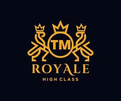 Golden Letter TM template logo Luxury gold letter with crown. Monogram alphabet . Beautiful royal initials letter. vector