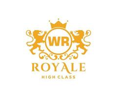 Golden Letter WR template logo Luxury gold letter with crown. Monogram alphabet . Beautiful royal initials letter. vector