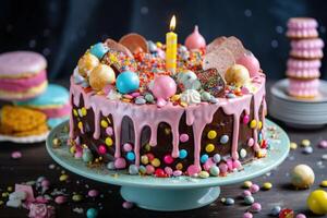 A birthday cake on the table with so much icing and toppings. Delicious cake with strawberry cream and sweets. Beautiful birthday celebration cake and desserts on the table. . photo