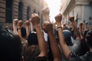 manifestantes levantamiento su puños en un paisaje urbano antecedentes. humano movimiento concepto con manifestantes puño. urbano movimiento y humano protesta concepto con borroso edificios generativo ai. foto