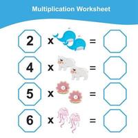 multiplicación hoja de cálculo para niños. contando matemáticas hoja de cálculo. imprimible matemáticas hoja de cálculo. vector ilustración.