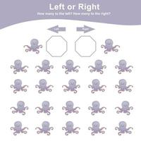 Left or Right Game for children. Worksheet activity for preschool kids. Education math printable worksheet to counting how many are left and right. Vector illustration.