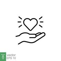 Heart on hand icon, family and love sign, line style. Help concept. People care hand holding taking care. Donate outline symbol. Vector illustration isolated on white background. EPS 10.