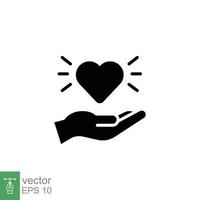 Heart on hand icon, family and love sign, solid style. Help concept. People care hand holding taking care. Donate glyph, silhouette symbol. Vector illustration isolated on white background. EPS 10.