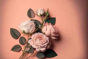 Composition of roses with copy space isolated on pink . photo