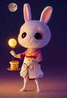 Anthropomorphic cute and cute rabbit holding a moon cake dress. photo