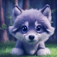 cute fluffy gray baby wolf in a magical forest pixar styl. . photo