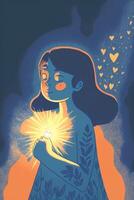 minimalistic illustration of a girl and light comes from inside of her. . photo