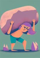 illustration of cute girl carrying a big stone. . photo