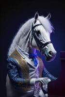 A super cute white horse is playing piano dressed. . photo