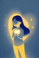 minimalistic illustration of a girl and light comes from inside of her. . photo