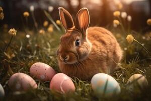 linda rojo Conejo y Pascua de Resurrección huevos en verde césped en luz de sol ai generado foto
