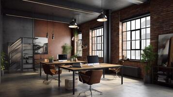 Interior of modern office with brick walls, concrete floor, rows of computer tables and brown chairs photo