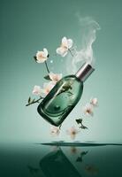 botella de perfume con floreciente flores en un verde antecedentes con reflexión ai generado foto