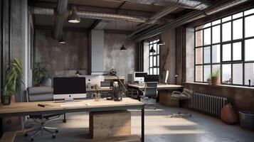 modern loft office interior design.There are wooden walls, concrete floor, large windows and a large window.There are computers on the table photo