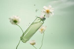 Cosmetic bottle with dropper and flowers on light green background, closeup photo