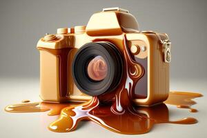 A brown camera with caramel sauce dripping down it photo