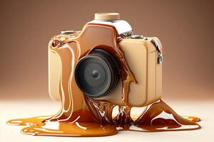 A brown camera with caramel sauce dripping down it photo