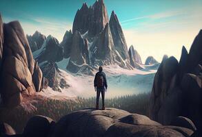 Man standing on rock and looking at mountain landscape photo