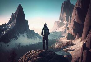 hombre en pie en un rock en frente de un montaña ai generado foto