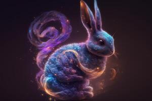 Cute little rabbit with colorful magic smoke on dark background. Fantasy illustration photo