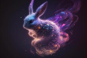 A purple rabbit in abstract space background photo