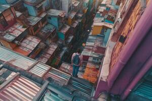 Aerial view of a man in a mask standing in front of a cargo container photo