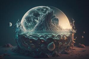 Fantasy landscape big wave on sea in the form of a glass sphere photo