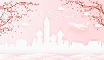 Panorama travel postcard, poster, tour advertising of world famous landmarks of Moscow, spring season with blooming flowers in tree vector