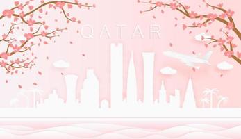 Panorama travel postcard, poster, tour advertising of world famous landmarks of Qatar, spring season with blooming flowers in tree in paper cut style vector icon