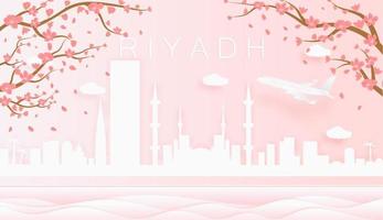 Panorama travel postcard, poster, tour advertising of world famous landmarks of Riyadh, spring season with blooming flowers in tree vector