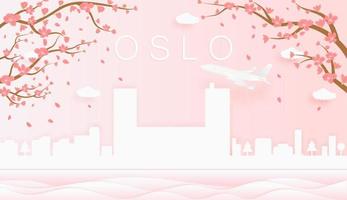 Panorama travel postcard, poster, tour advertising of world famous landmarks of Oslo, spring season with blooming flowers in tree in paper cut style vector