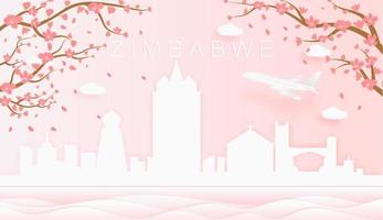 Panorama travel postcard, poster, tour advertising of world famous landmarks of Zimbabwe, spring season with blooming flowers in tree vector