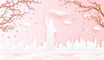 Panorama travel postcard, poster, tour advertising of world famous landmarks of New York, spring season with blooming flowers in tree in paper cut style vector