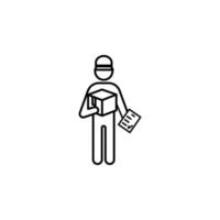 postal worker with parcel outline vector icon