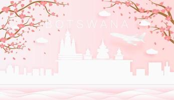 Panorama travel postcard, poster, tour advertising of world famous landmarks of Botswana, spring season with blooming flowers in tree vector