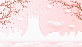 Panorama travel postcard, poster, tour advertising of world famous landmarks of Ghana, spring season with blooming flowers in tree vector icon