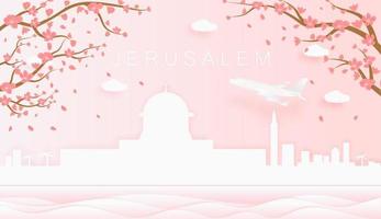 Panorama travel postcard, poster, tour advertising of world famous landmarks of Jerusalem, spring season with blooming flowers in tree vector icon