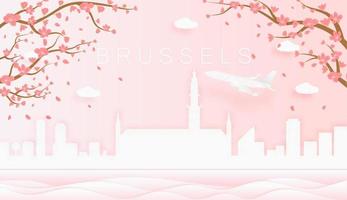 Panorama travel postcard, poster, tour advertising of world famous landmarks of Brussels, spring season with blooming flowers in tree in paper cut style vector