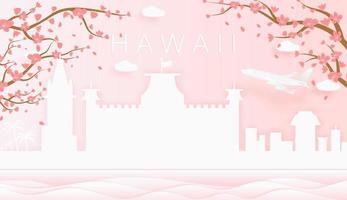 Panorama travel postcard, poster, tour advertising of world famous landmarks of Hawaii, spring season with blooming flowers in tree vector