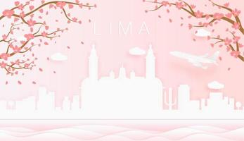 Panorama travel postcard, poster, tour advertising of world famous landmarks of Lima, spring season with blooming flowers in tree vector