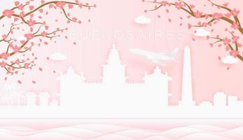 Panorama travel postcard, poster, tour advertising of world famous landmarks of Buenos Aires, spring season with blooming flowers in tree vector
