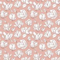 Seamless pattern with blooming magnolia flowers in sketch style. vector