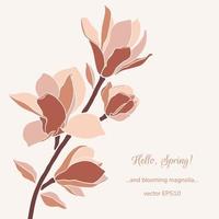 Magnolia branch in pastel color palette on beige background. vector