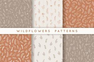 Set of seamless patterns with leaves, herbs, wildflowers. vector