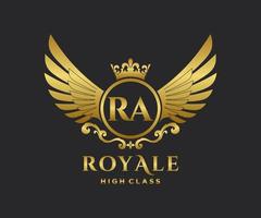Golden Letter RA template logo Luxury gold letter with crown. Monogram alphabet . Beautiful royal initials letter. vector